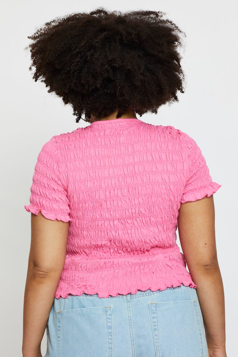 H Pink Smocked T-shirt Crew Neck Short Sleeve