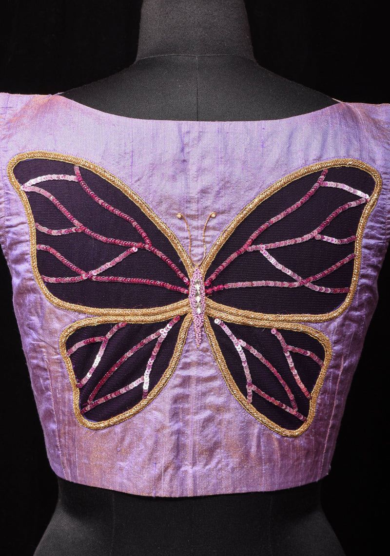 Lavender Pure Tissue Raw Silk blouse with Butterfly Cutout tone on tone embellishments, customizable, made to order