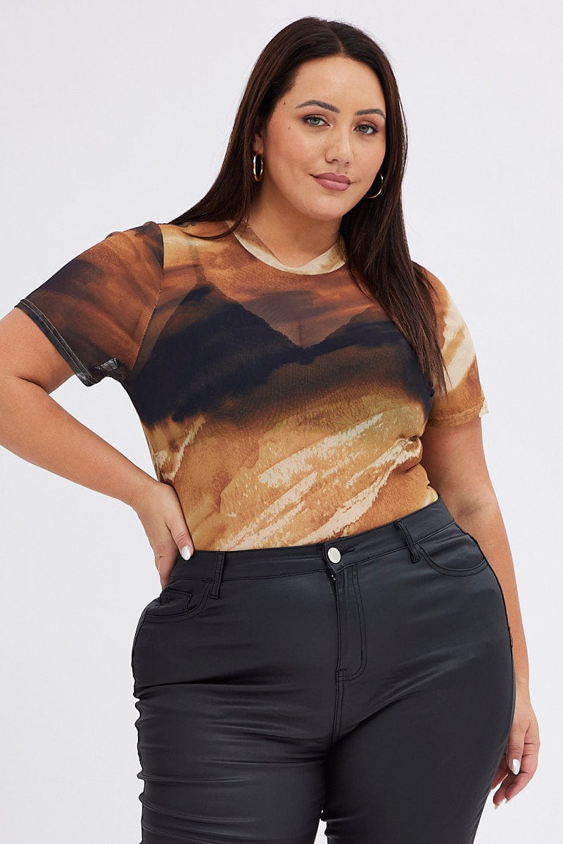 Brown Abstract Crop T-shirt Mesh Short Sleeve