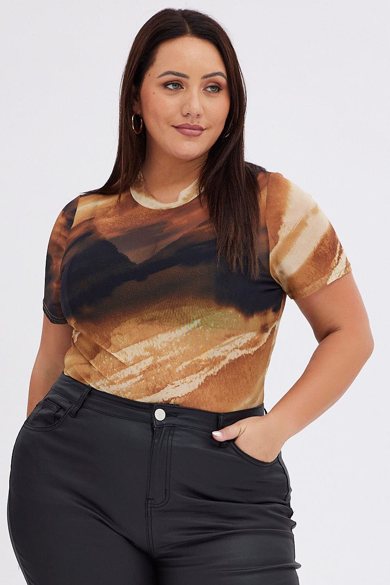 Brown Abstract Crop T-shirt Mesh Short Sleeve