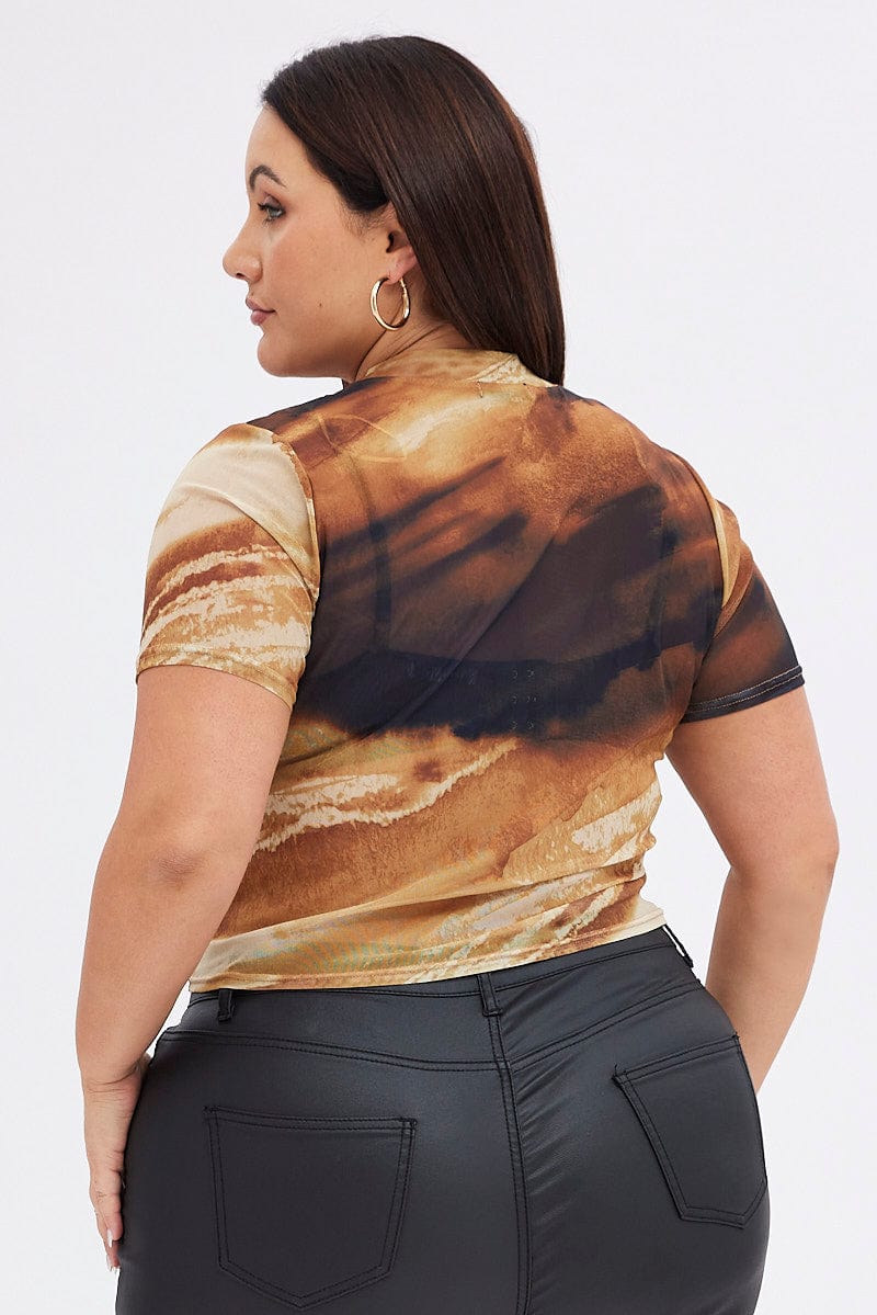Brown Abstract Crop T-shirt Mesh Short Sleeve