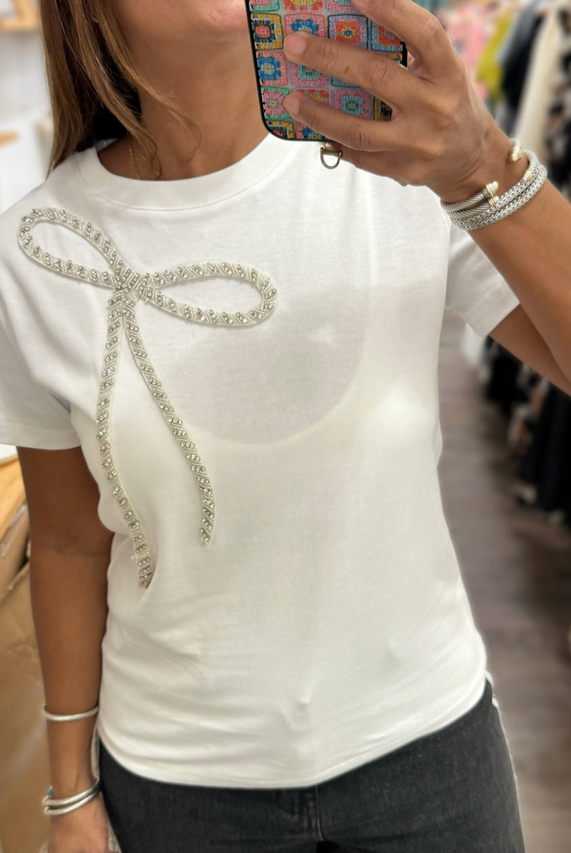 White White Rhinestone Bow Embellished Round Neck Tee