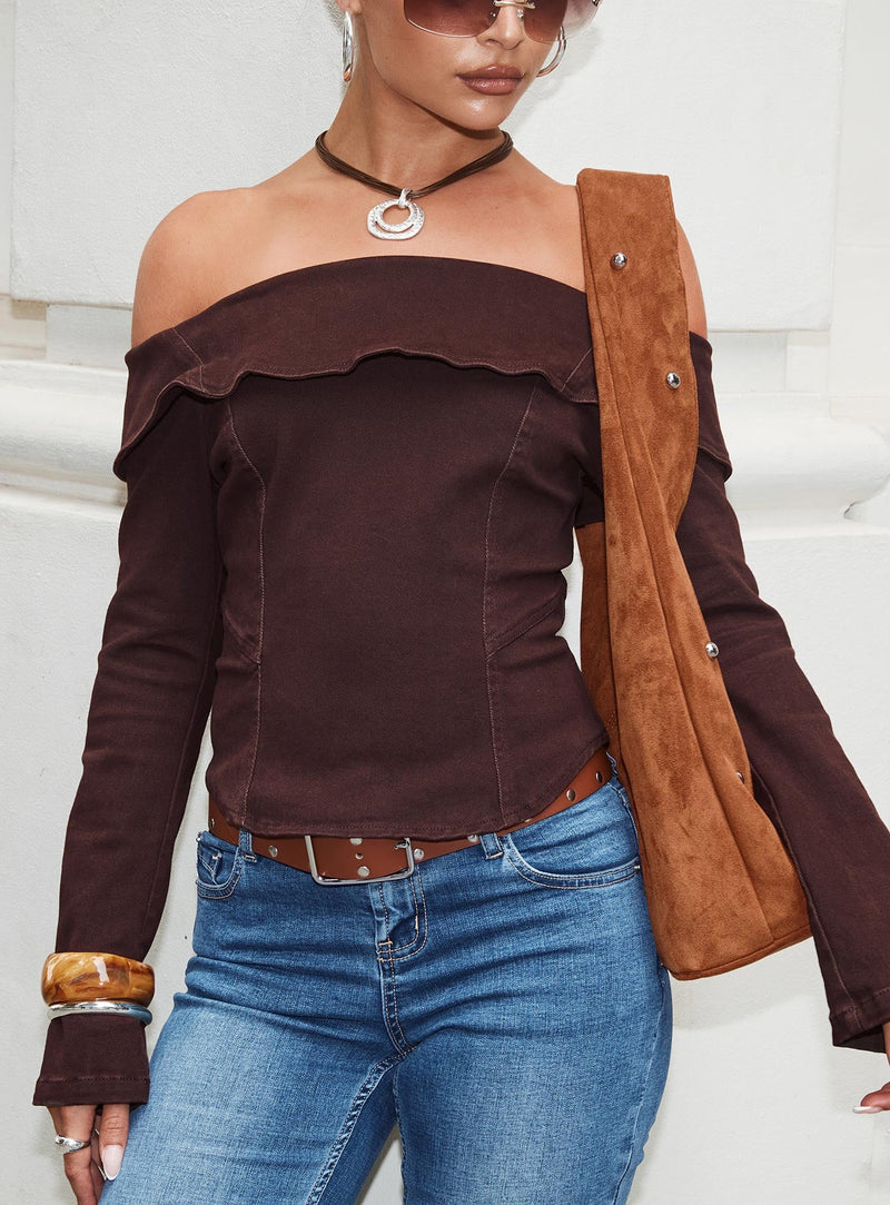 Everwood Off Shoulder Top Chocolate Denim