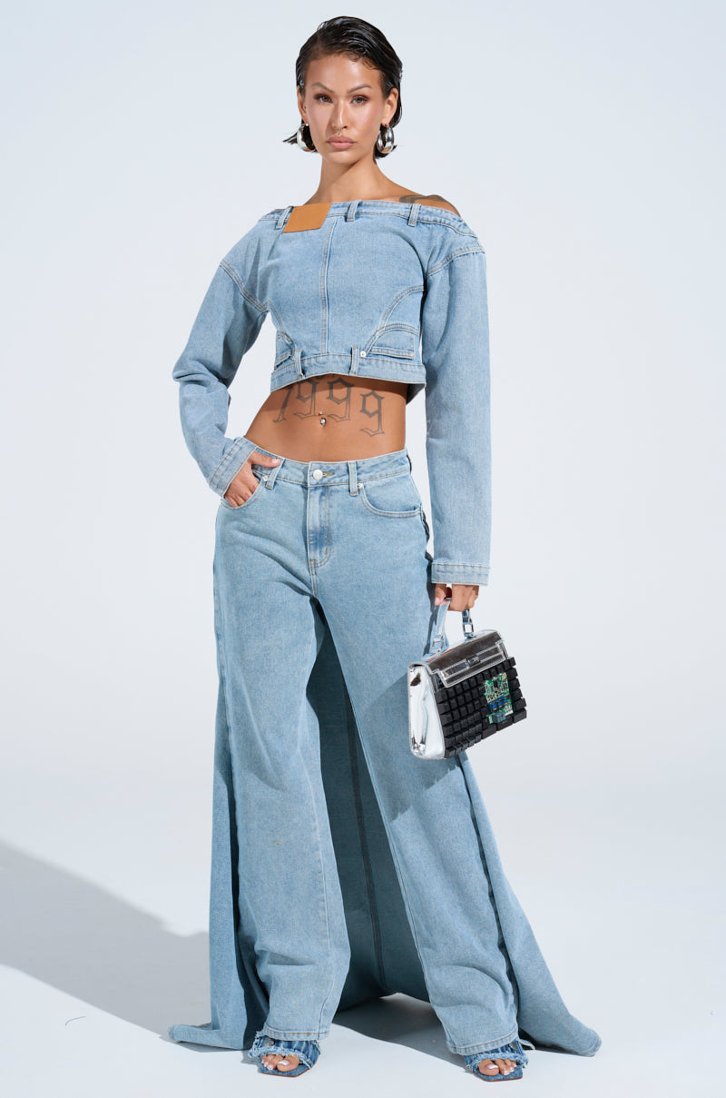 SHAKE IT OFF DENIM OFF THE SHOULDER TOP