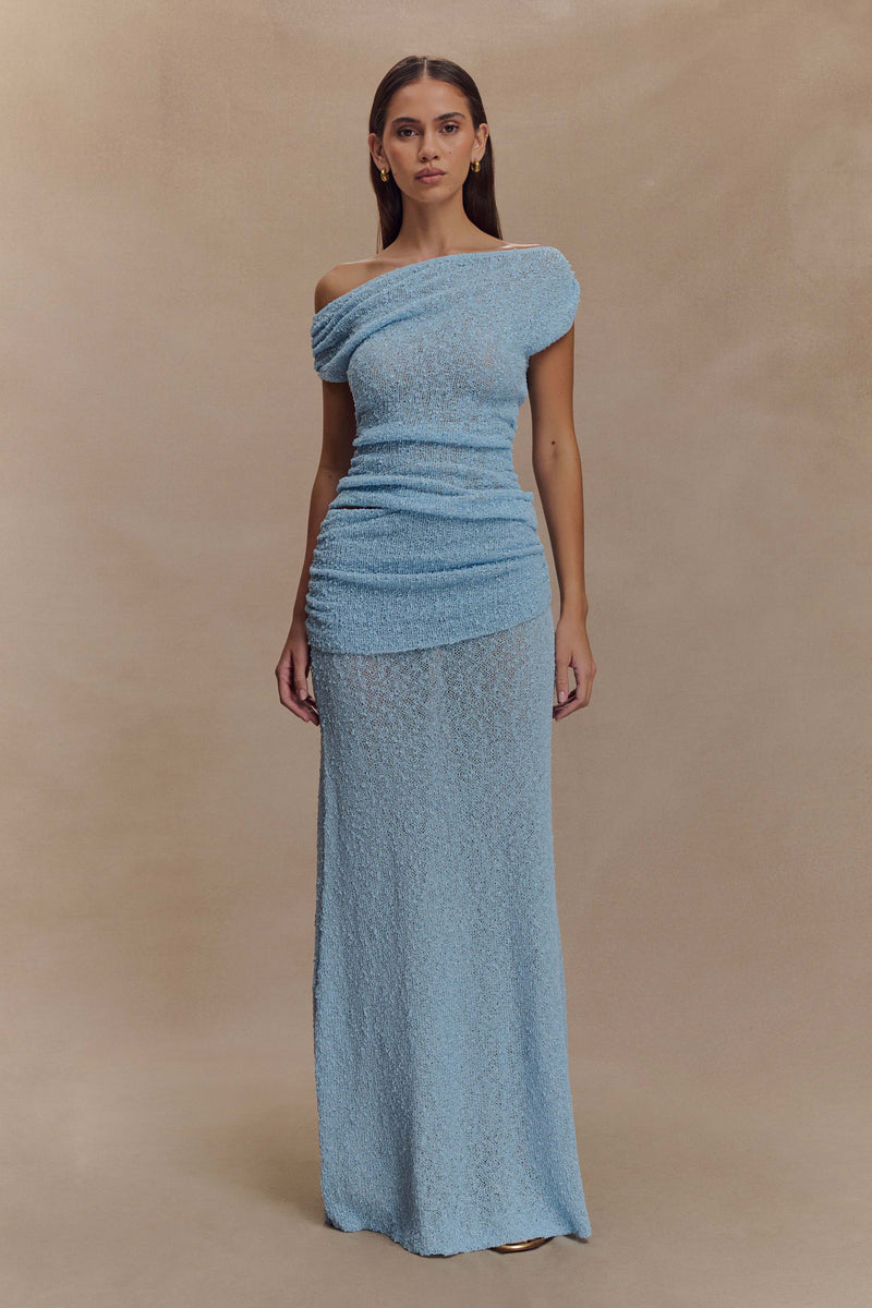 Chloe Off Shoulder Boucle Knit Top - Light Blue