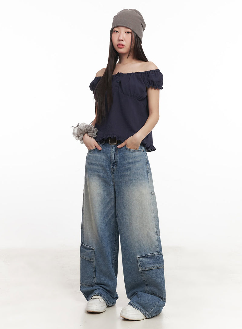 Frill Buttoned Off-Shoulder Blouse Top IM528