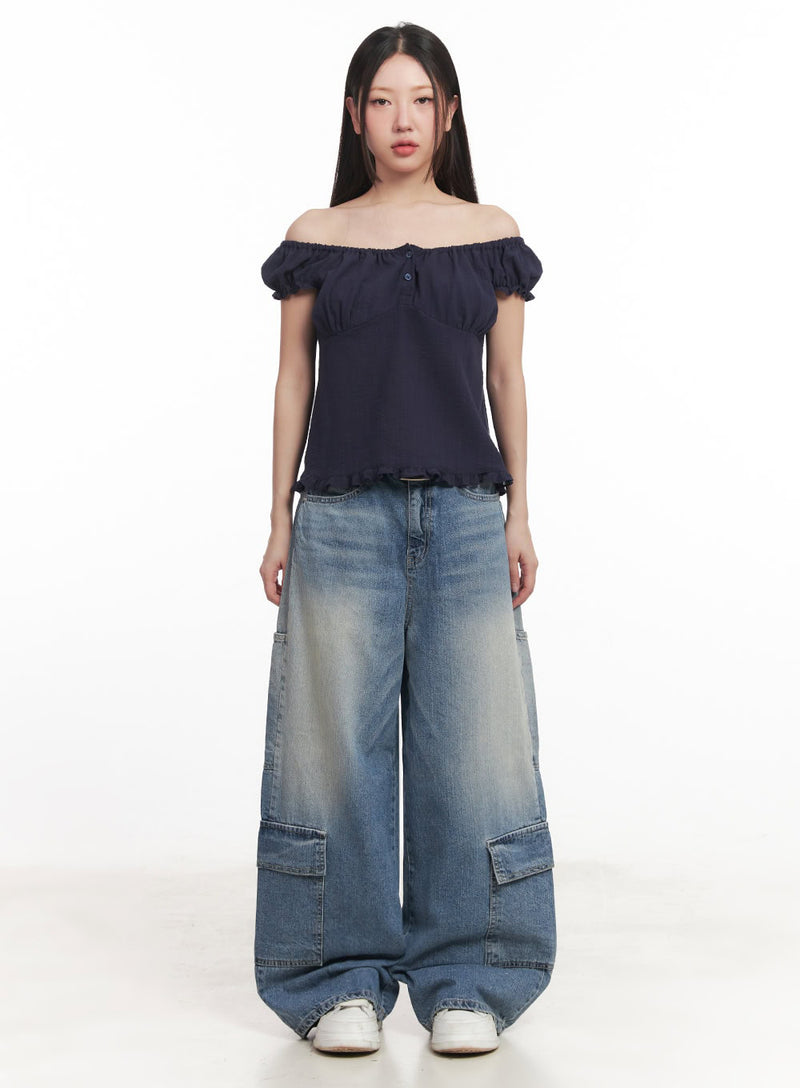 Frill Buttoned Off-Shoulder Blouse Top IM528