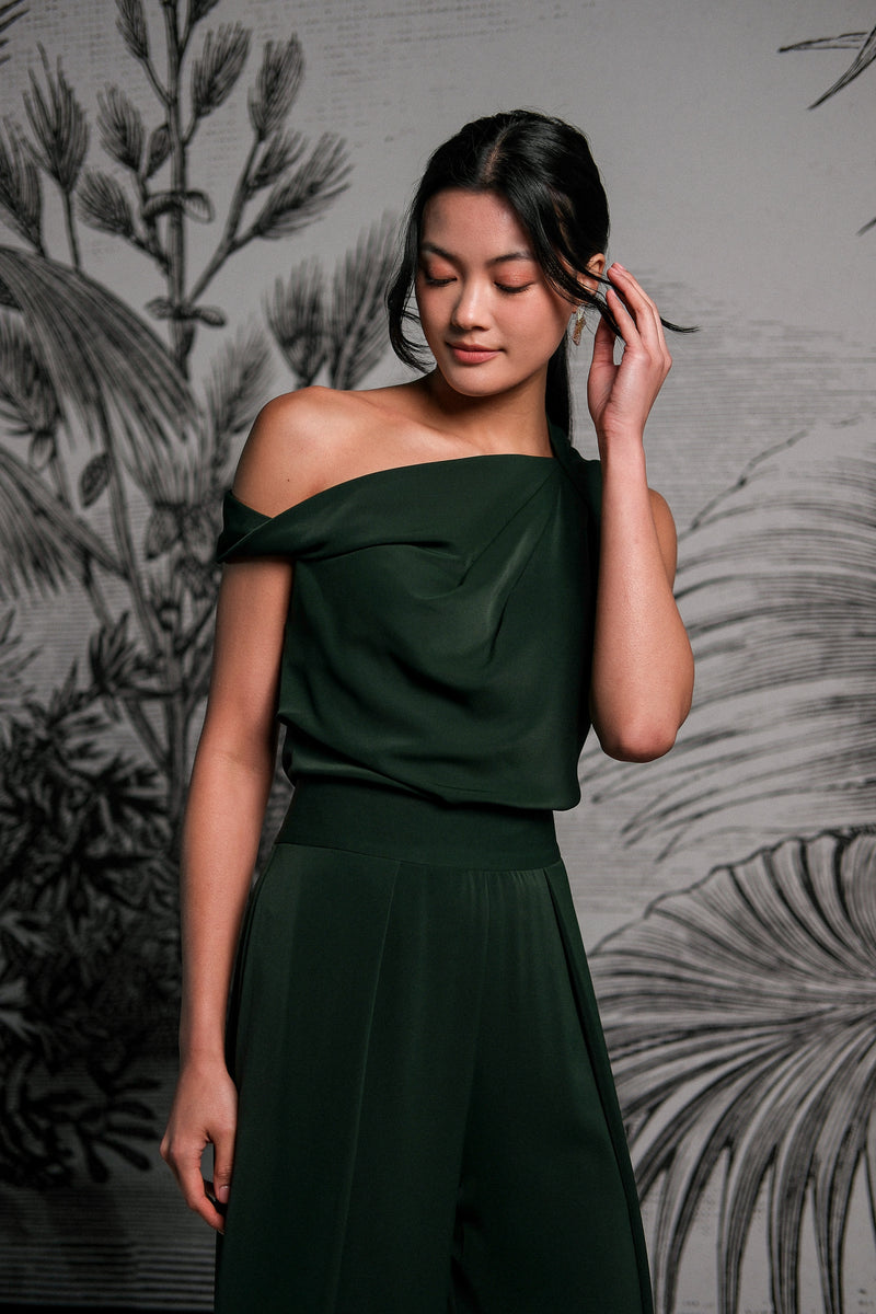 Asymmetrical Off-Shoulder Top -  Forest Green / Fuchsia / Black