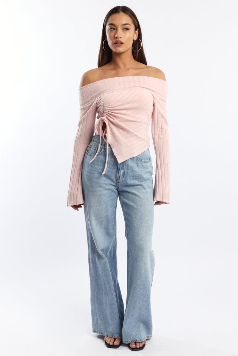 Pink Off Shoulder Top Long Sleeve Ruched