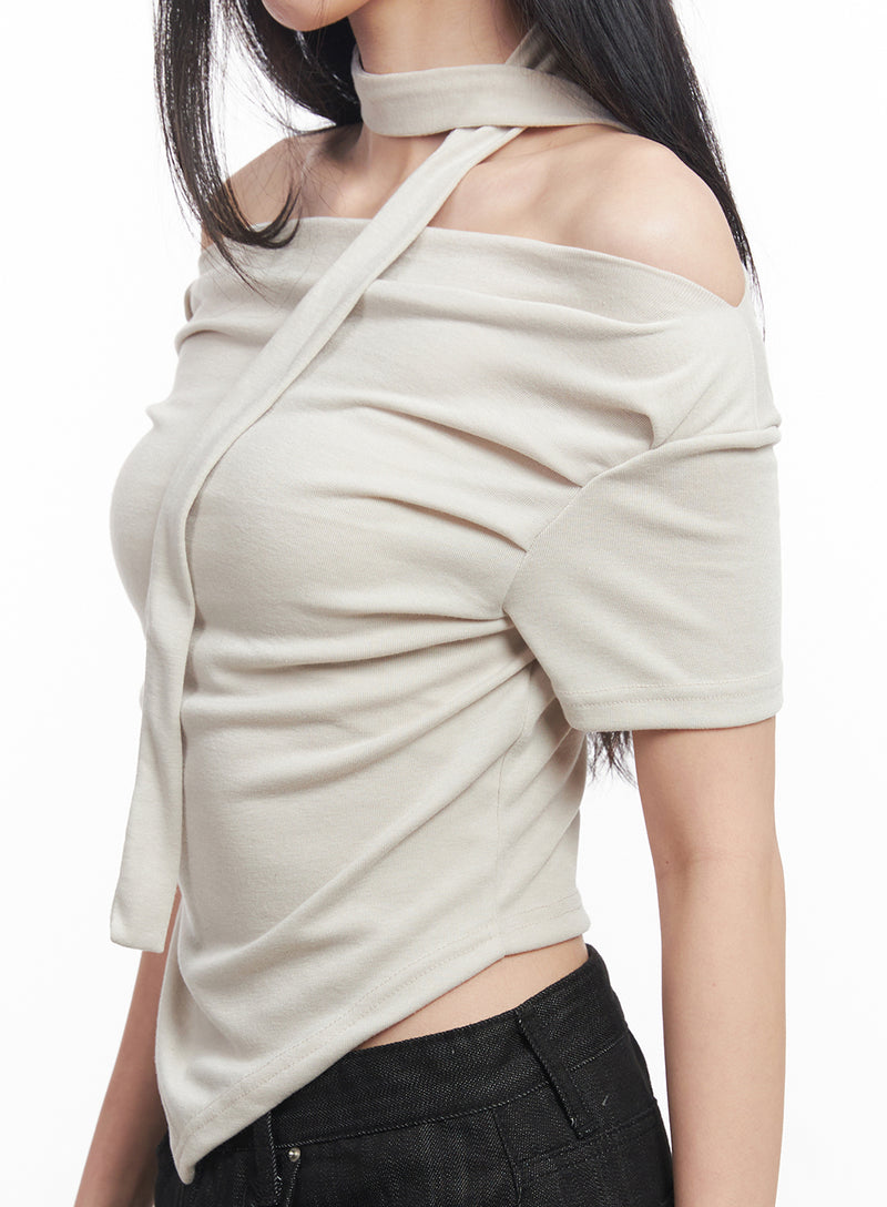 Off-Shoulder Crop Tee & Scarf Set IY516