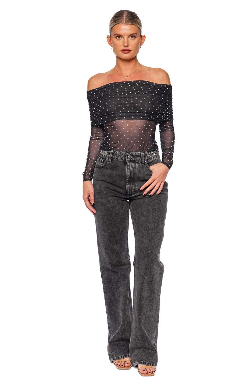 Oriana Off Shoulder Rhinestone Mesh Top