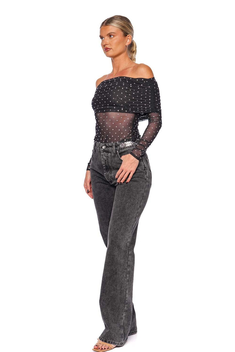 Oriana Off Shoulder Rhinestone Mesh Top