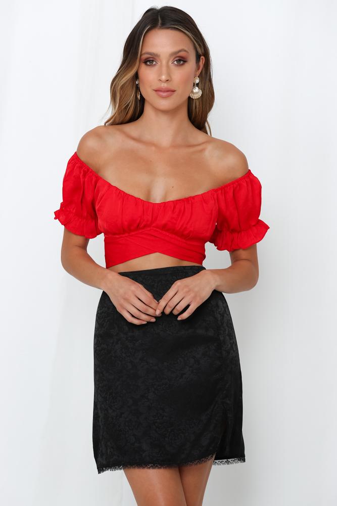 Elegant Off Shoulder Red Satin Tie-Up Ruffle Crop Top