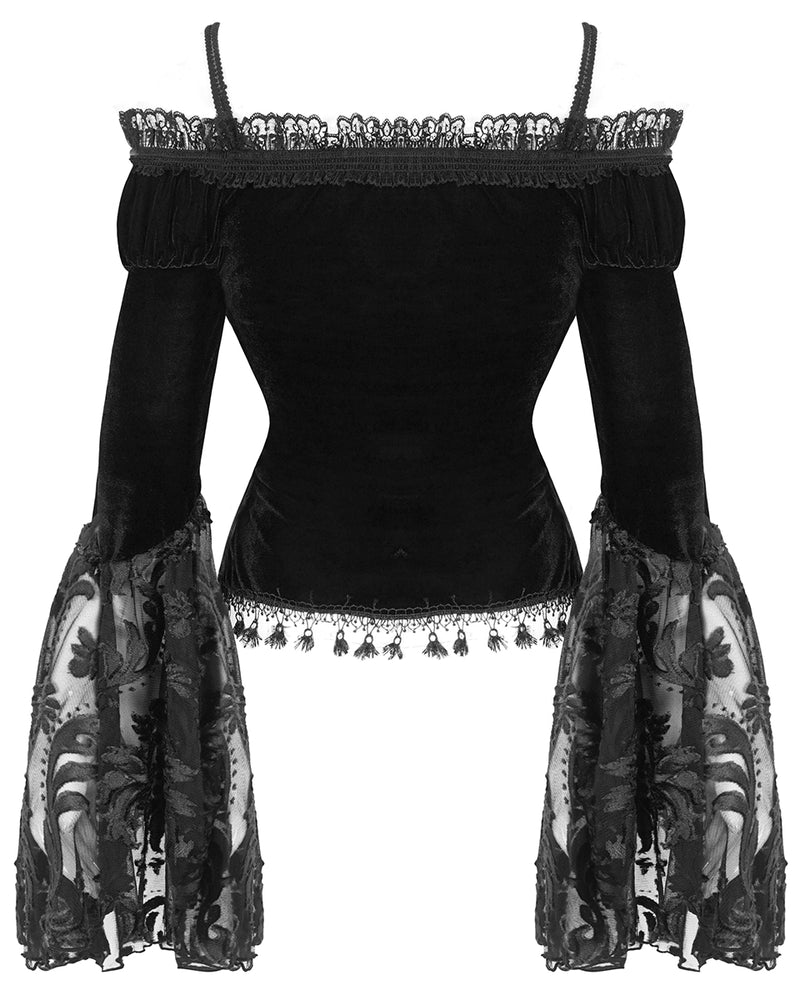 Eva Lady Dark Devore Gothic Velvet & Flocked Mesh Off Shoulder Top - Black