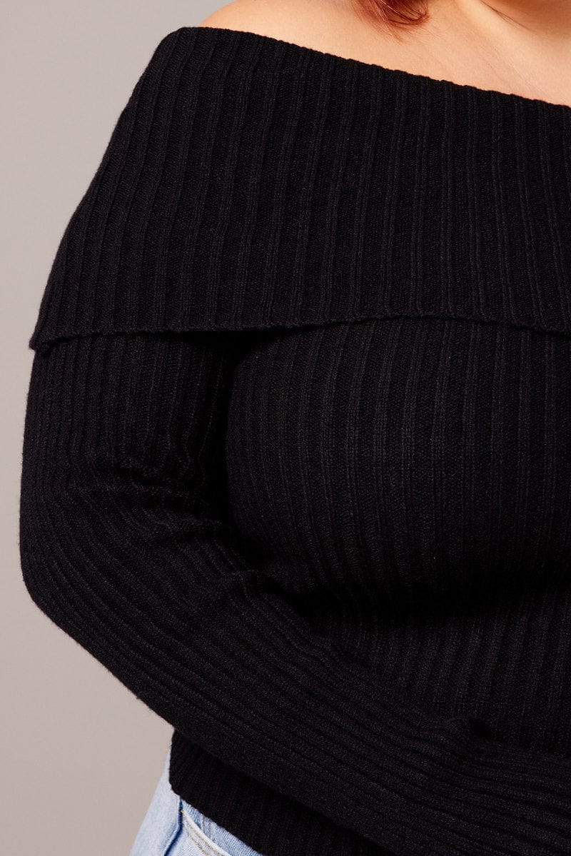 Black Off Shoulder Knit Top Long Sleeve