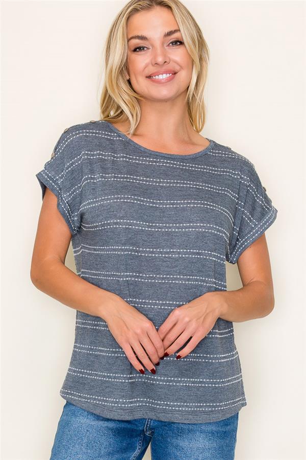 Cut Out Button Shoulder Short Sleeve Dotted Stripe Top, Charcoal | Staccato - SALE