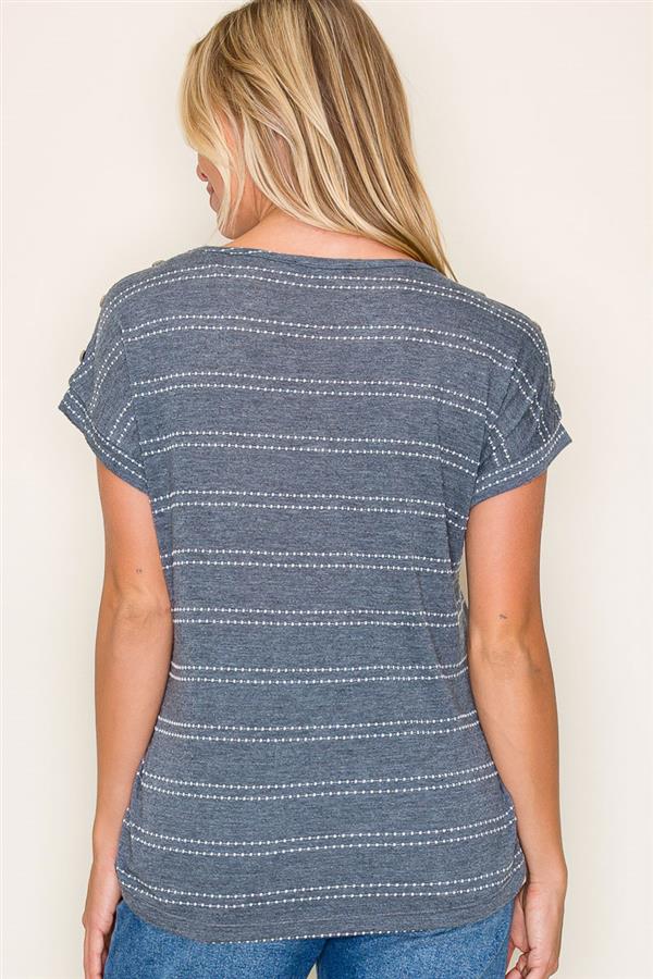 Cut Out Button Shoulder Short Sleeve Dotted Stripe Top, Charcoal | Staccato - SALE