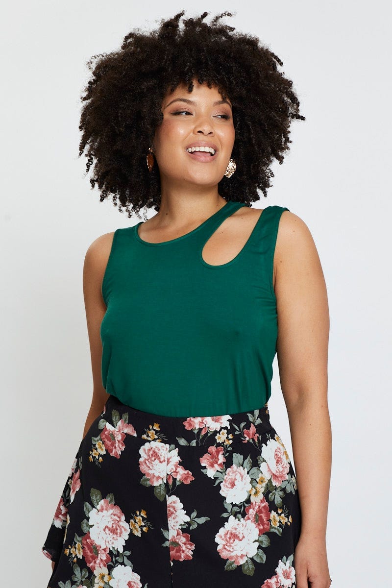 Green Tank Top Asymmetrical Cut Out Strap Jersey