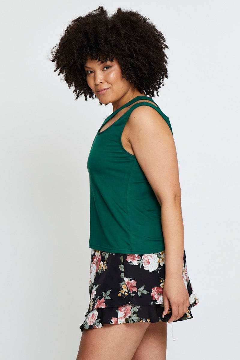 Green Tank Top Asymmetrical Cut Out Strap Jersey