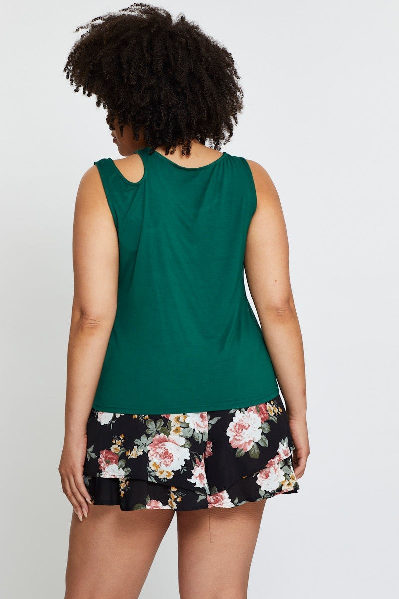 Green Tank Top Asymmetrical Cut Out Strap Jersey