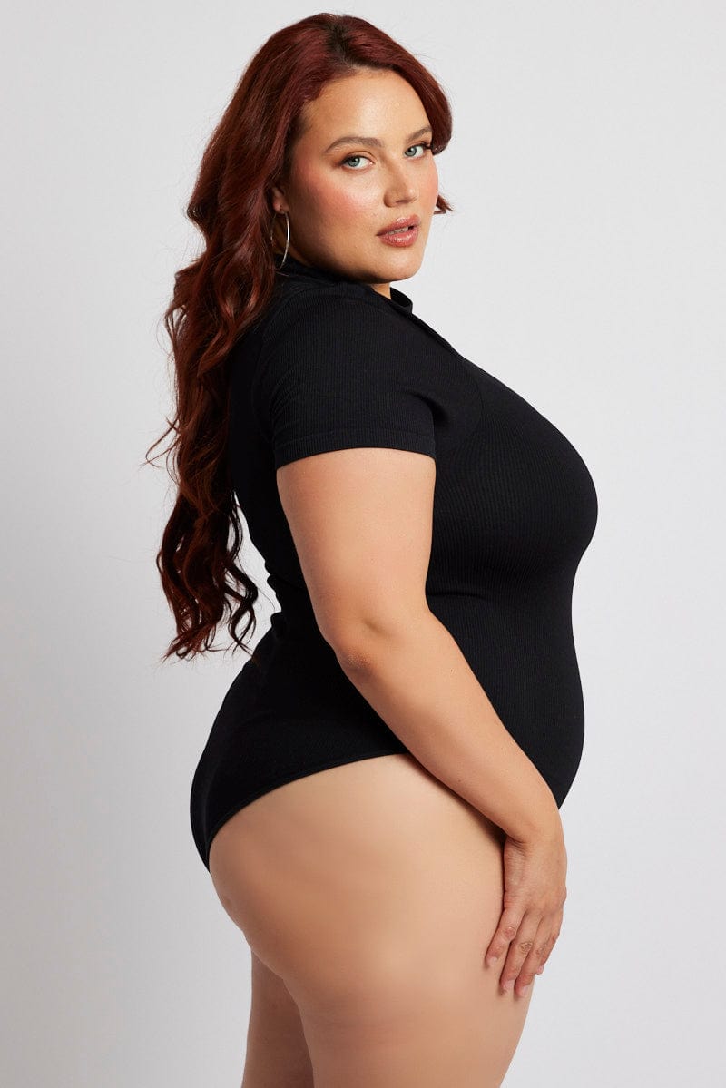 Black Bodysuit Cut Out Short Sleeve Crew Neck Seamless
