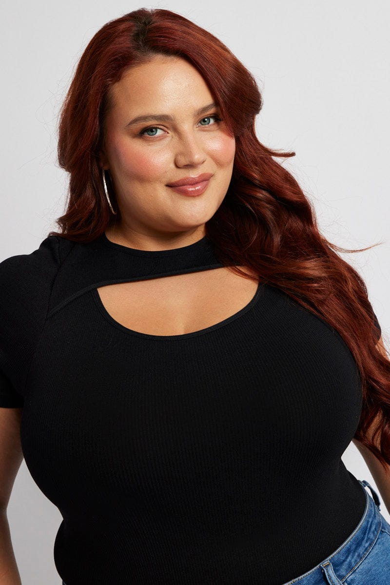 Black Bodysuit Cut Out Short Sleeve Crew Neck Seamless
