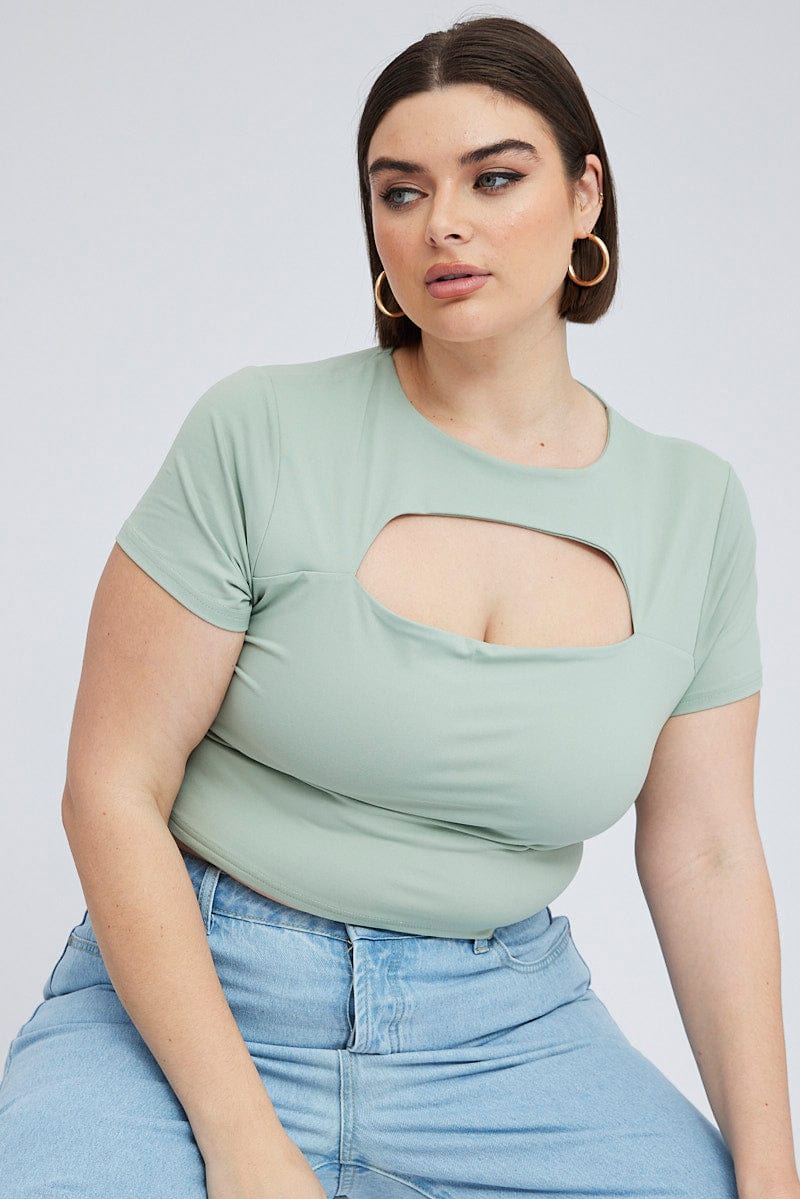 Green Cut Out Top Short Sleeve Supersoft