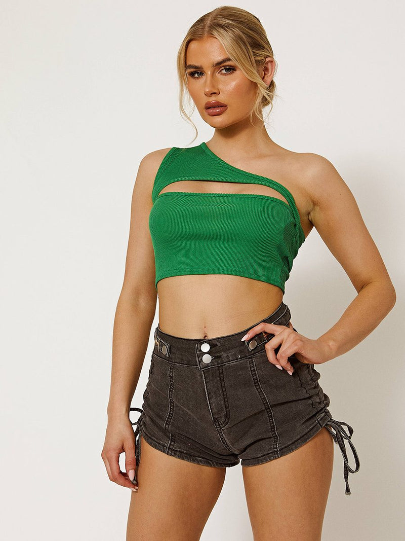 Kyara One Shoulder Cut Out Front Ribbed Crop Top In Green