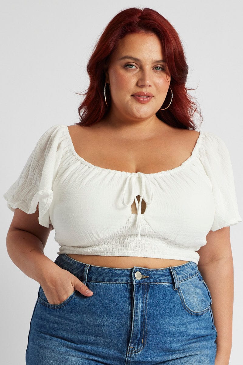 White Crop Top Short Sleeve Cut Out