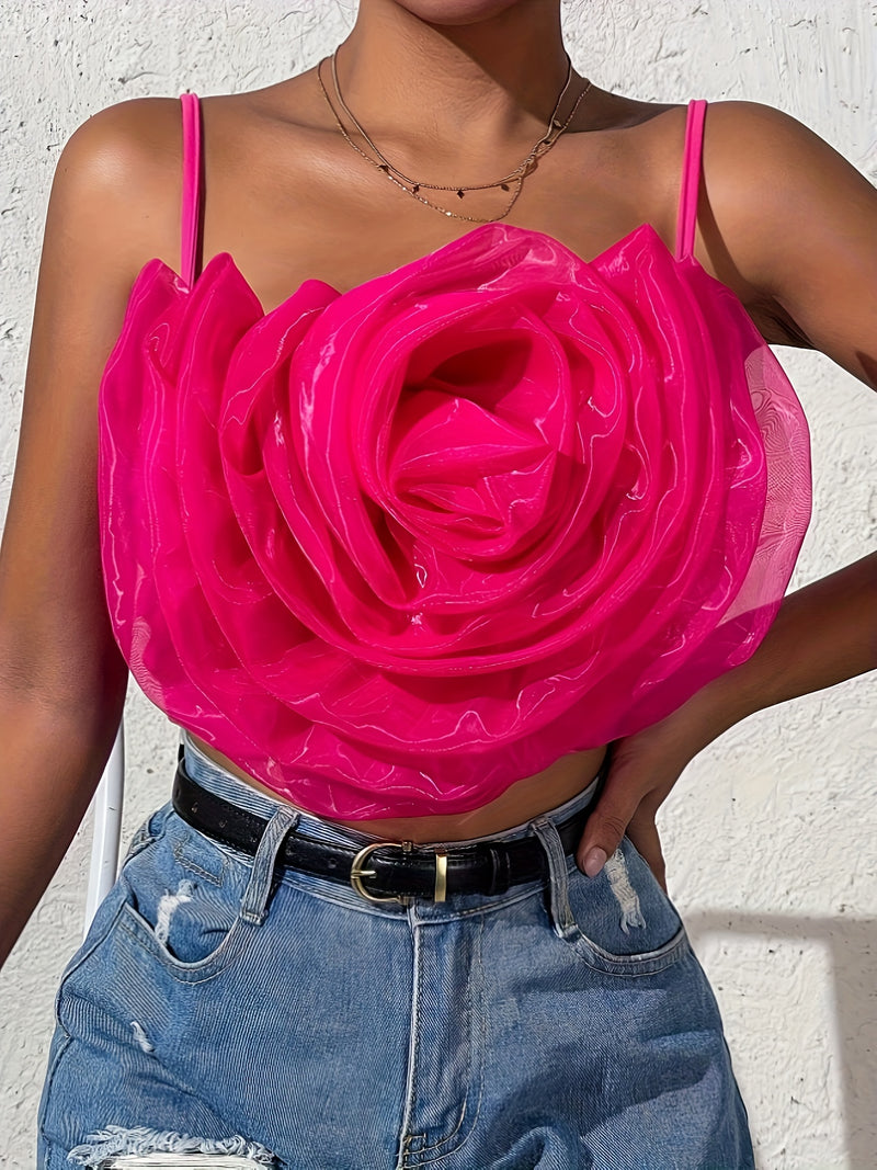 Solid Stereo Flower Cami Top, Sleeveless Spaghetti Strap Backless Top, Women's Clothing