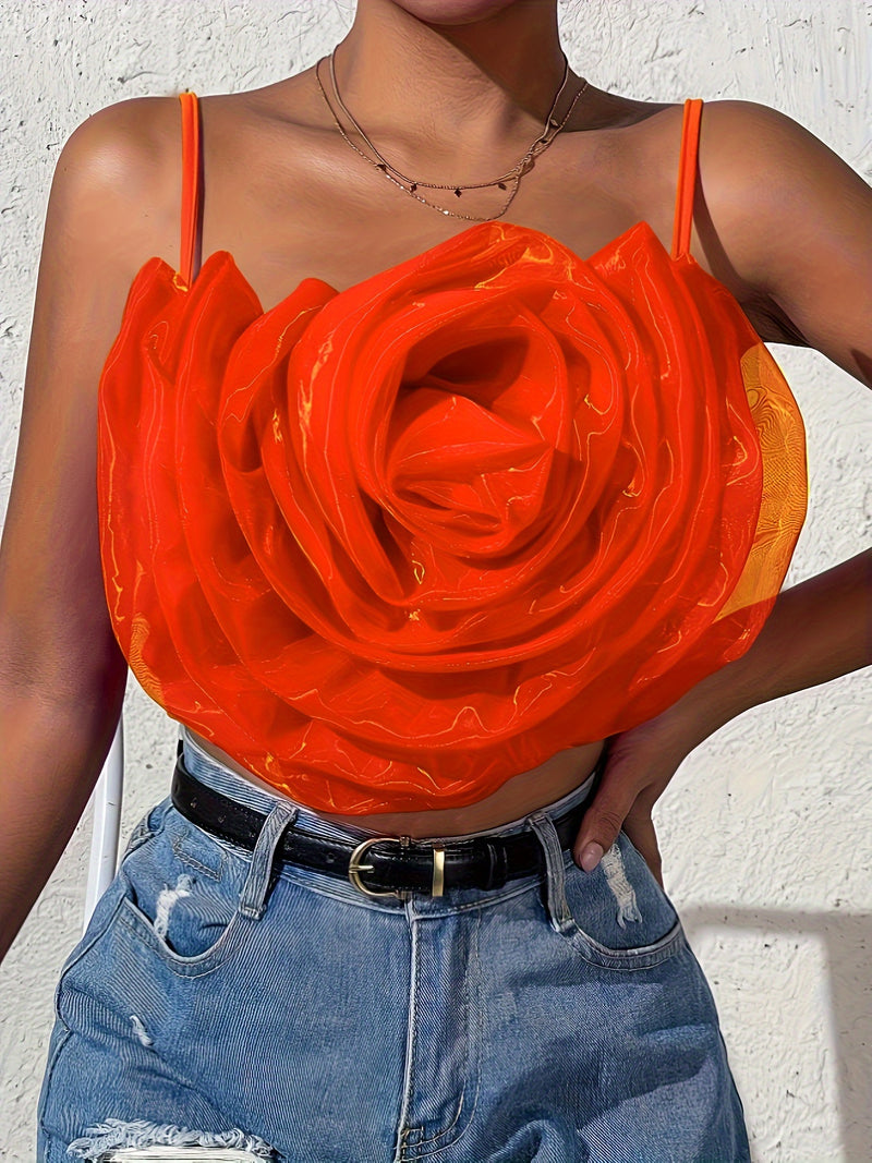 Solid Stereo Flower Cami Top, Sleeveless Spaghetti Strap Backless Top, Women's Clothing