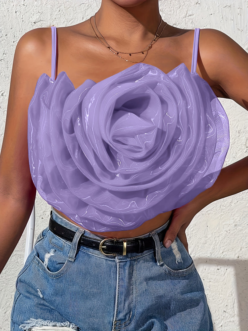 Solid Stereo Flower Cami Top, Sleeveless Spaghetti Strap Backless Top, Women's Clothing