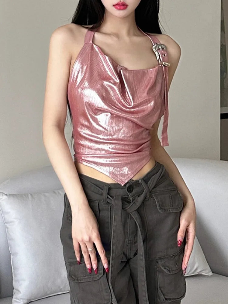 Solid Hanging Neck Tank Top Women Slim Backless Folds Camiseta Sin Mangas Sexy Para Mujer Shine Edgy Clothes Y2k Accessories