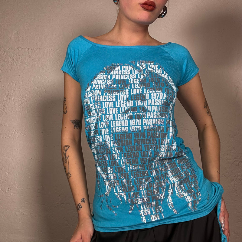 Vintage 2000's Coquette Blue Graphic Print Backless Top with Silver Detail (S)