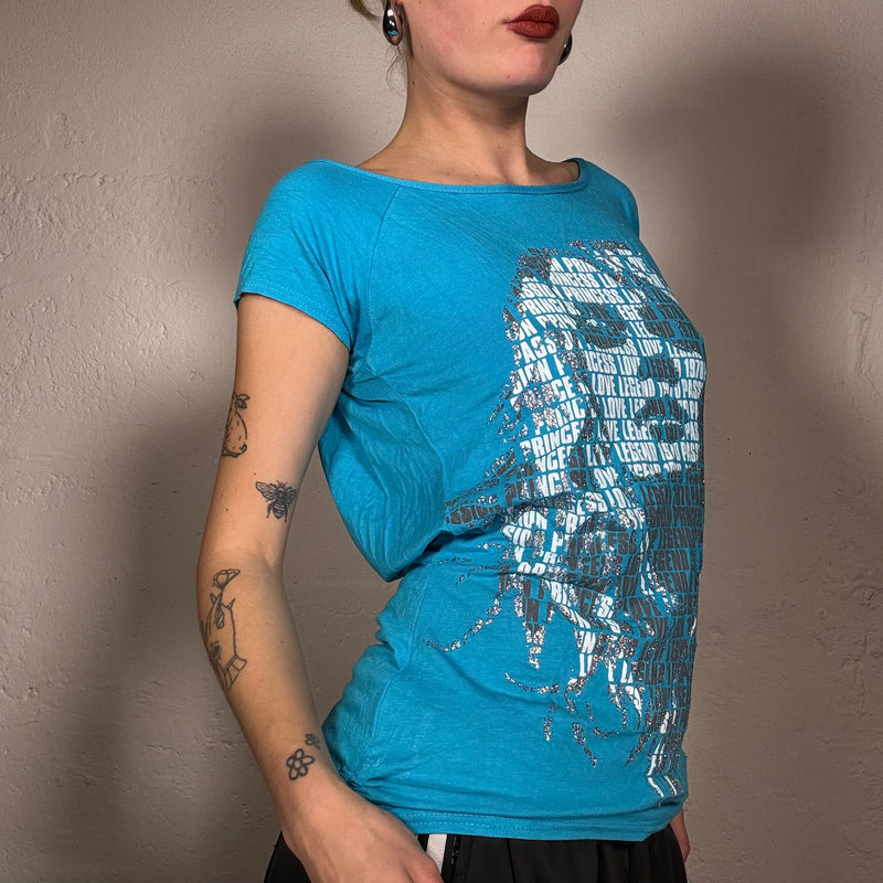 Vintage 2000's Coquette Blue Graphic Print Backless Top with Silver Detail (S)