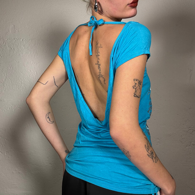 Vintage 2000's Coquette Blue Graphic Print Backless Top with Silver Detail (S)