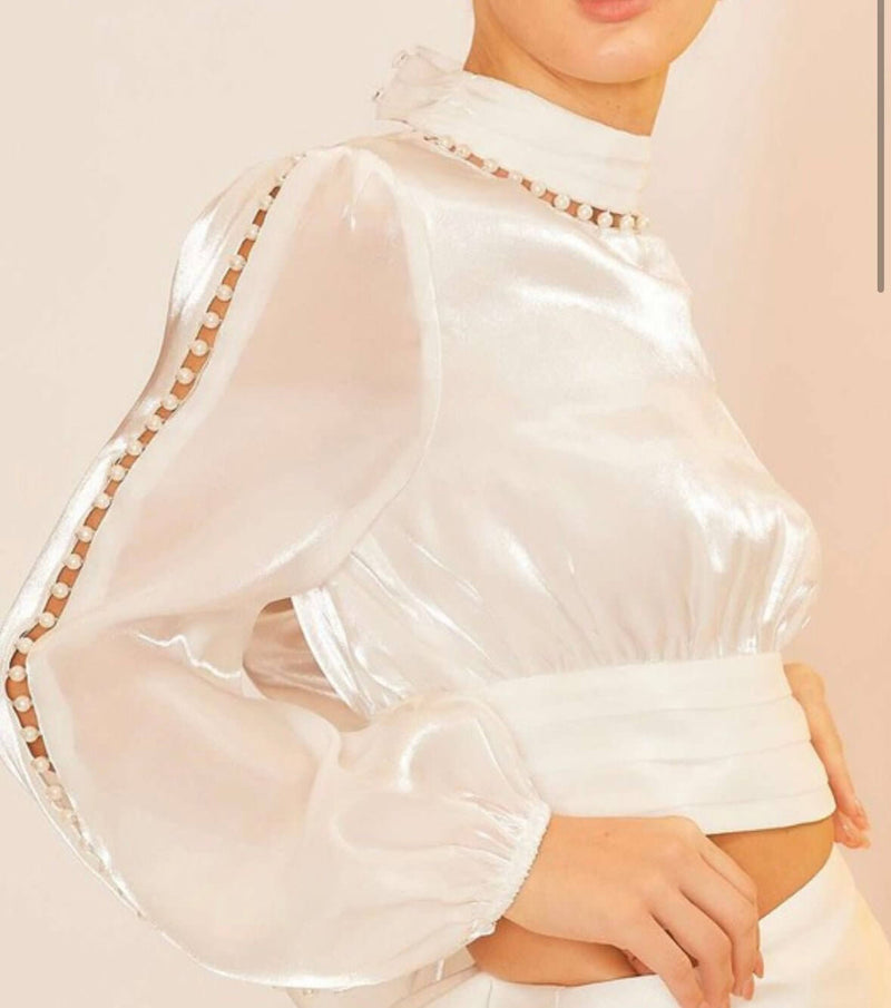 The Elise Blouse: Backless Cropped Log Sleeve Pearl Accent Blouse