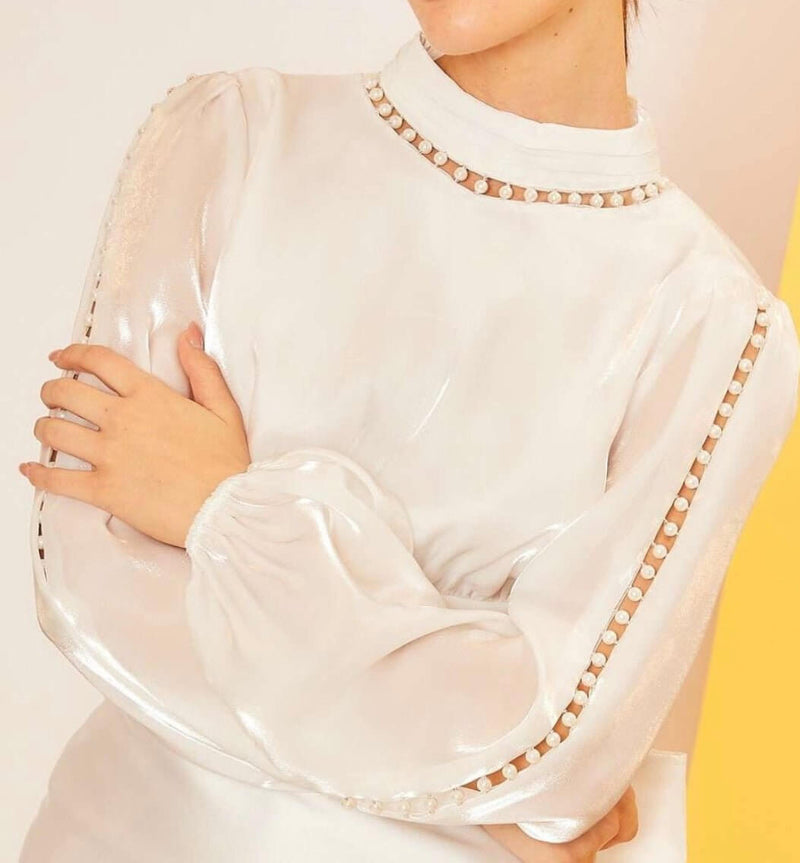The Elise Blouse: Backless Cropped Log Sleeve Pearl Accent Blouse