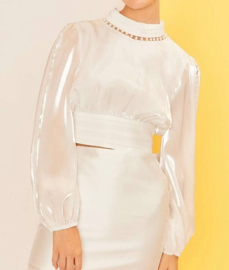 The Elise Blouse: Backless Cropped Log Sleeve Pearl Accent Blouse