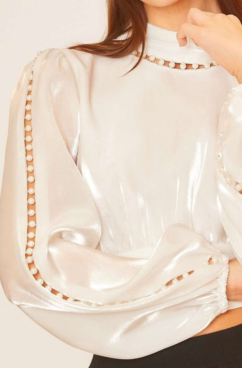 The Elise Blouse: Backless Cropped Log Sleeve Pearl Accent Blouse