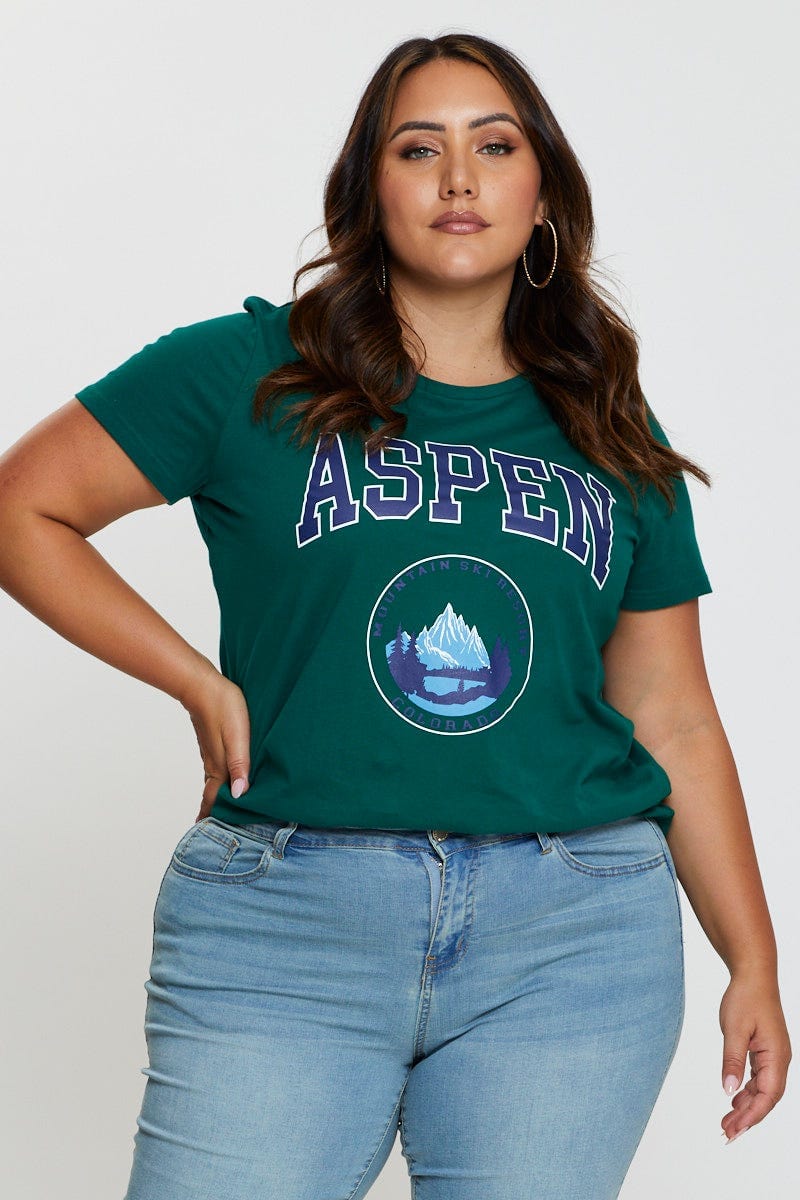 Green Graphic T-shirt Aspen Crew Neck Short Sleeve