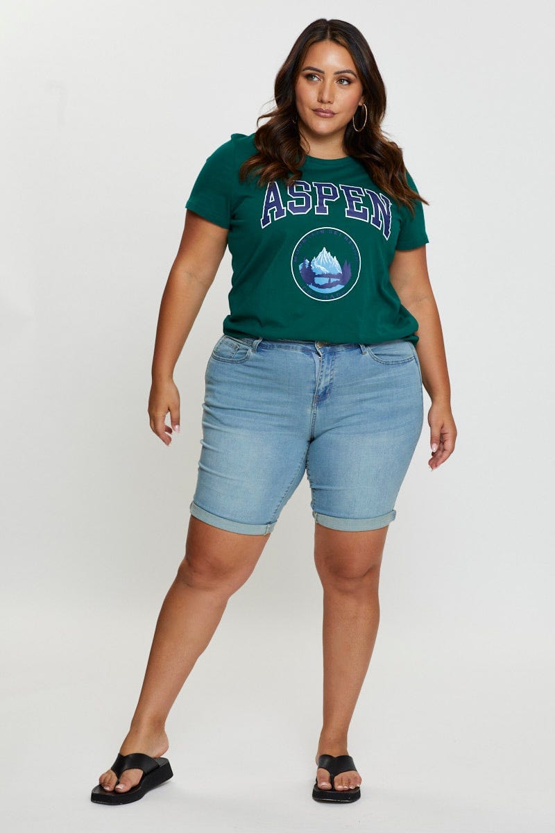 Green Graphic T-shirt Aspen Crew Neck Short Sleeve