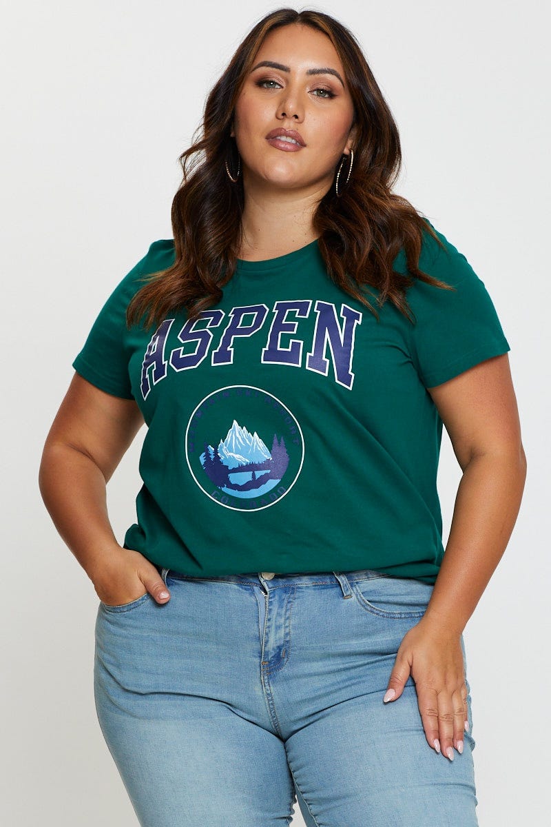 Green Graphic T-shirt Aspen Crew Neck Short Sleeve