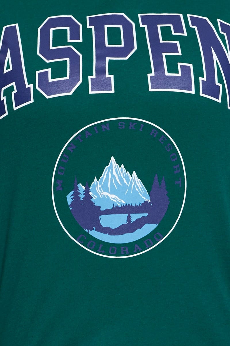 Green Graphic T-shirt Aspen Crew Neck Short Sleeve
