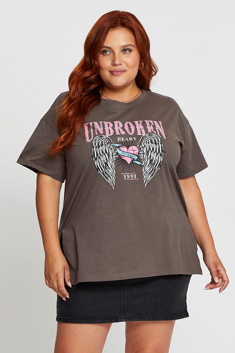 Grey Graphic T-shirt Unbroken Short Sleeve Cotton