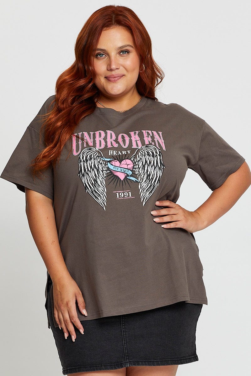 Grey Graphic T-shirt Unbroken Short Sleeve Cotton