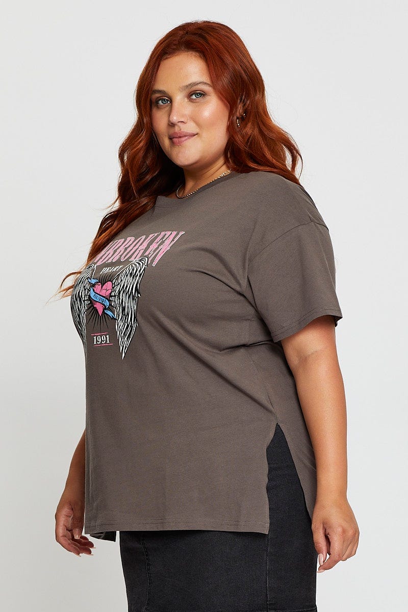 Grey Graphic T-shirt Unbroken Short Sleeve Cotton