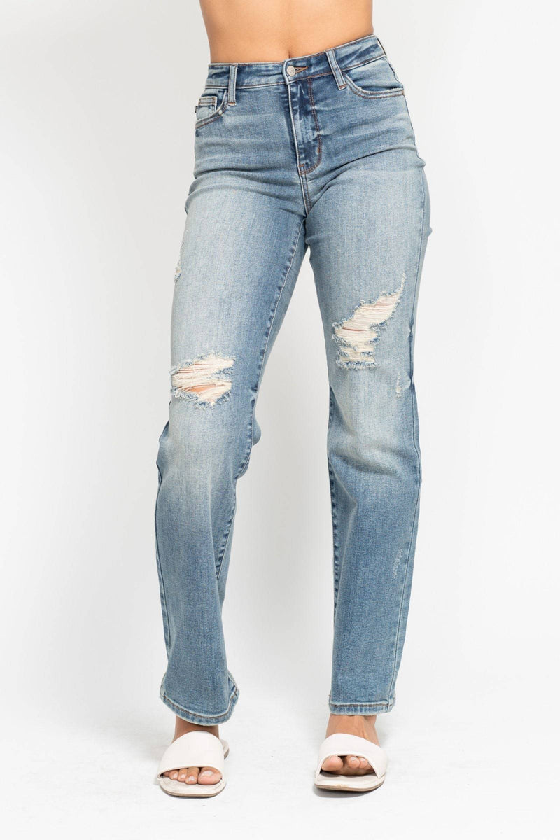Judy Blue High Waist Harsh Tint & Destroy Straight Dad Denim Jeans 82641
