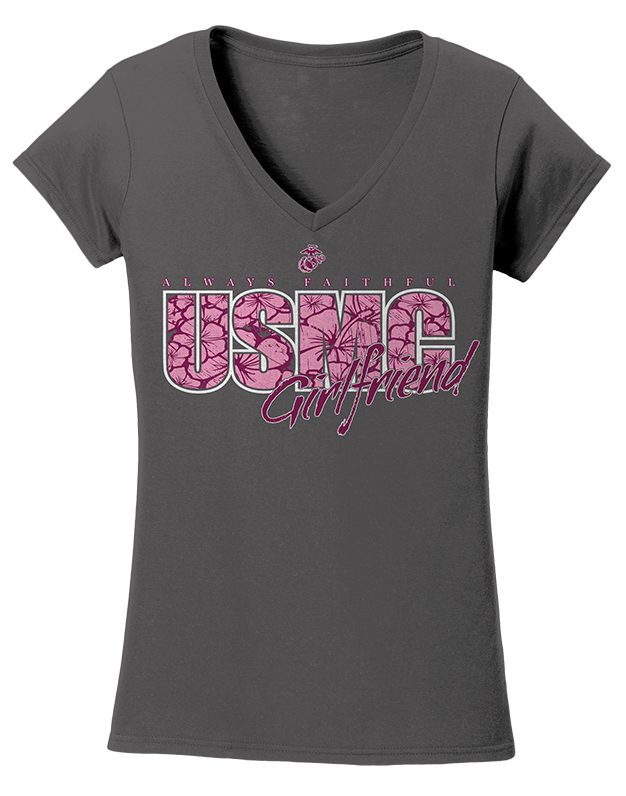 Always Faithful Hibiscus Girlfriend Ladies V-Neck T-Shirt-Charcoal