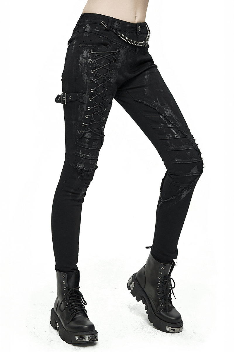 Unique Womens SteamPunk Mottled Jeans Streetwear / Skinny Black Denim Trousers